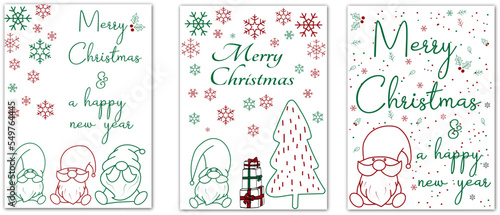set of cards from christmas and new year with gnomes and snowflakes. minimalist greeting card