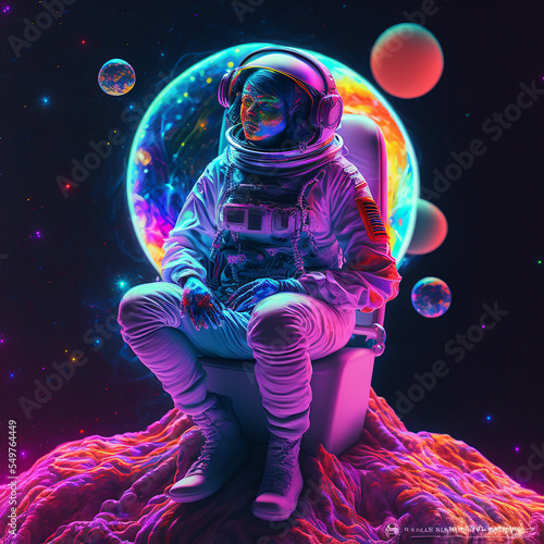 Fototapet hyper realistic colorful neon light astronaut sitting on a planet on the milky w