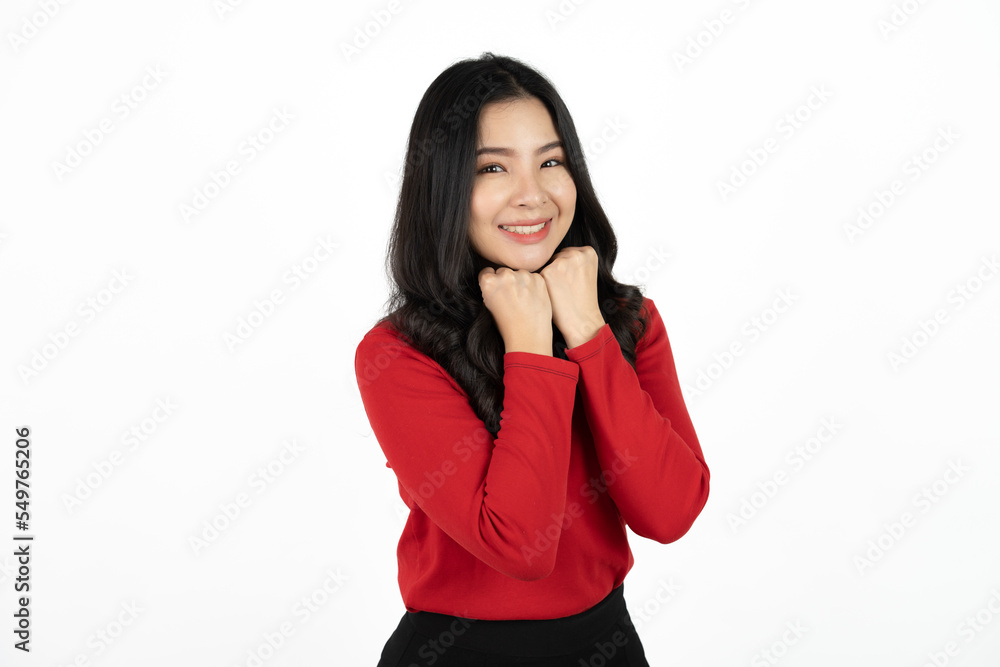 Young Asia lady feel happiness with positive expression, joyful surprise funky, dressed in casual cloth isolated on white background. Happy adorable glad woman rejoices success. Facial expression. Young Asia lady feel happiness with positive expression, joyful surprise funky, dressed in casual cloth isolated on white background. Happy adorable glad woman rejoices success. Facial expression.