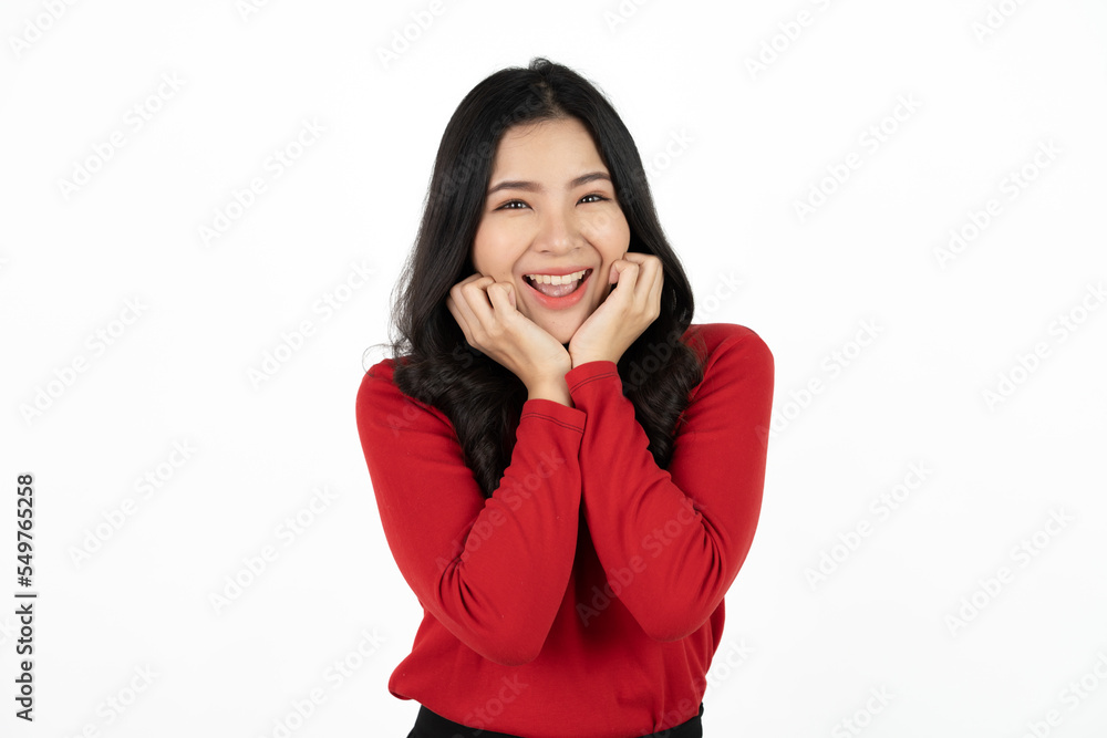 Young Asia lady feel happiness with positive expression, joyful surprise funky, dressed in casual cloth isolated on white background. Happy adorable glad woman rejoices success. Facial expression. Young Asia lady feel happiness with positive expression, joyful surprise funky, dressed in casual cloth isolated on white background. Happy adorable glad woman rejoices success. Facial expression.