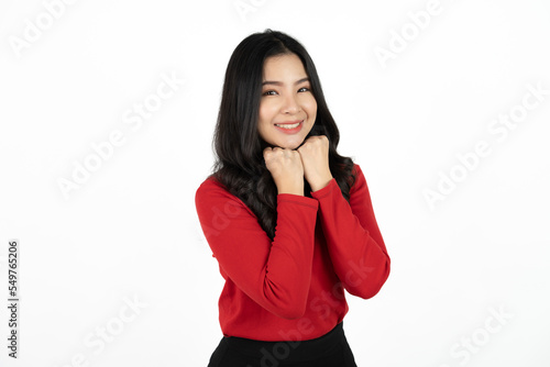 Young Asia lady feel happiness with positive expression, joyful surprise funky, dressed in casual cloth isolated on white background. Happy adorable glad woman rejoices success. Facial expression.