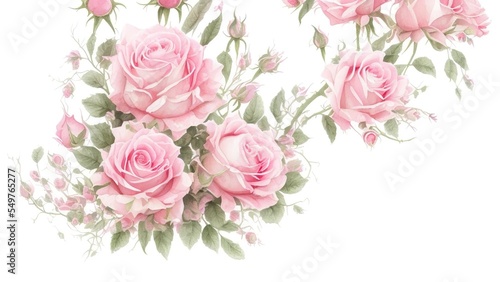 Floral illustration in Pastel colors, Bouquet of flowers red rose, Leaf and buds, leaves on white background.