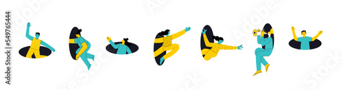 Different people coming, flying, jumping, looking through and out of holes. Happy enthusiastic lively men and women. Search, explore concept. Graphic vector illustration