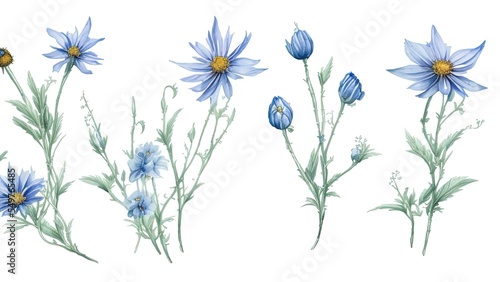Set watercolor design elements of blue  wildflower collection.
