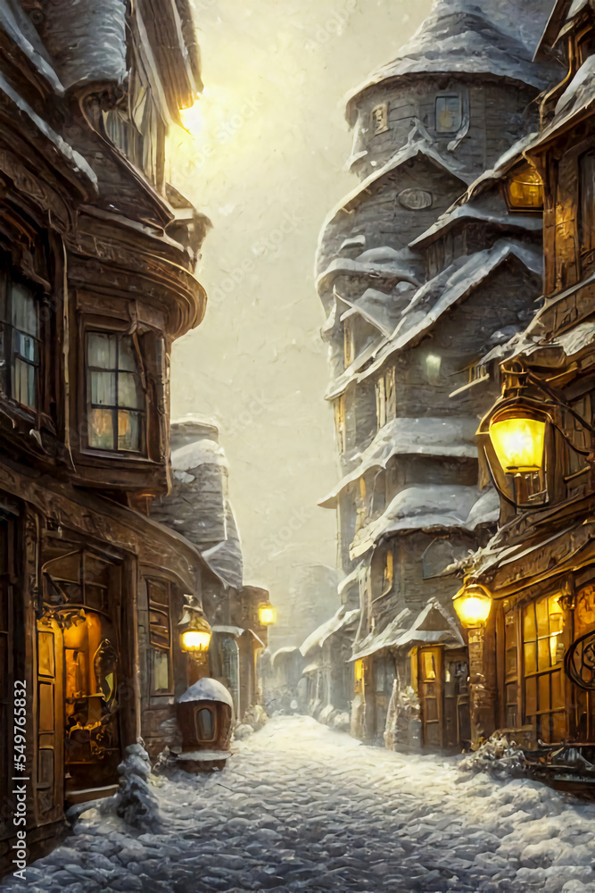 Evening street in winter, light in the windows of houses.