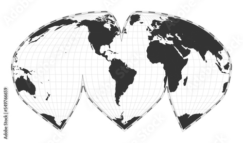 Vector world map. Alan K. Philbrick's interrupted sinu-Mollweide projection. Plan world geographical map with latitude/longitude lines. Centered to 60deg E longitude. Vector illustration.