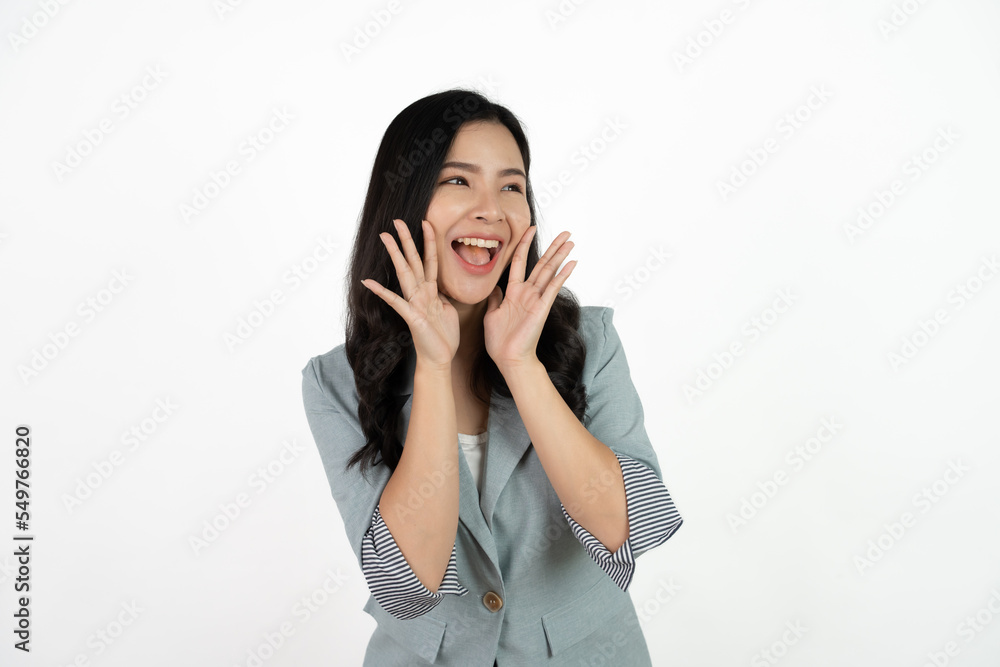 Excited young asian woman with raised hand celebrating success Portrait cheerful positive asian female with raised hands and fists open mouth Girl get happy enjoy life white background copy space. Excited young asian woman with raised hand celebrating success Portrait cheerful positive asian female with raised hands and fists open mouth Girl get happy enjoy life white background copy space.