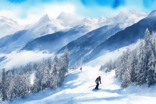 AI-generated Image Of Ski Sliders On A Slope In The Alps Watercolor Landscape © Andredi