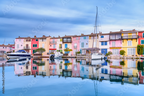 Scenic view of Port Grimaud village in south of France in autumn pastel colors against dramatic sky