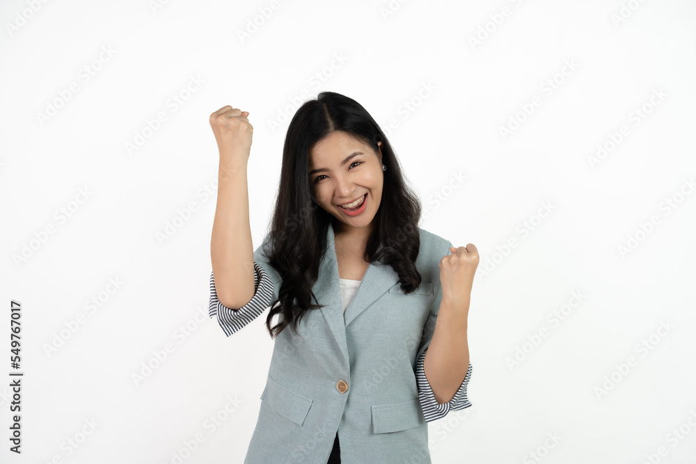 Excited young asian woman with raised hand celebrating success Portrait cheerful positive asian female with raised hands and fists open mouth Girl get happy enjoy life white background copy space. Excited young asian woman with raised hand celebrating success Portrait cheerful positive asian female with raised hands and fists open mouth Girl get happy enjoy life white background copy space.