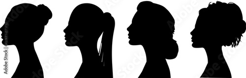 a sign of several female silhouettes in profile. vector on isolated background. turn. number. diversity young women for poster or text. elegant background as well.