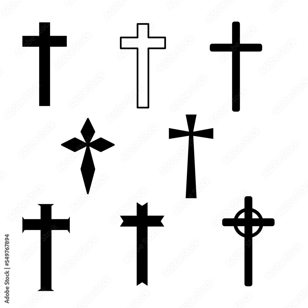Christian crosses. Catholic, orthodox and celtic cross crucifix. Faith and prayer religious, christ church sign isolated decorative crossed outline resurrection icon set