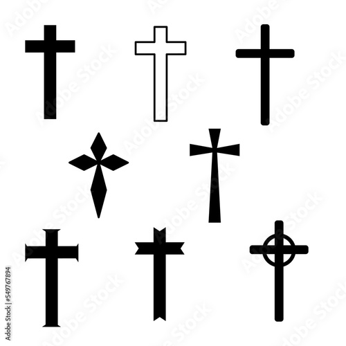 Christian crosses. Catholic, orthodox and celtic cross crucifix. Faith and prayer religious, christ church sign isolated decorative crossed outline resurrection icon set