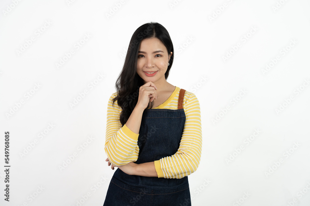 Portrait of asian waitress beaufitul female is posing in the studio with happy smiling at isolate on white background studio. Portrait of asian waitress beaufitul female is posing in the studio with happy smiling at isolate on white background studio.