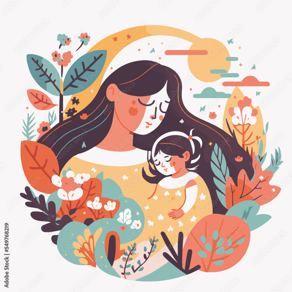 Happy Mother's Day, Mom hug lovely Baby floral background Vector Flat Style Happy Mother's Day, Mom hug lovely Baby floral background Vector Flat Style
