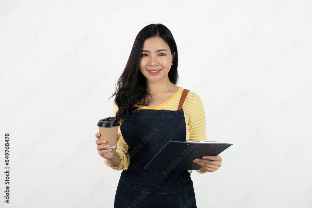 Portrait of asian waitress beaufitul female is posing in the studio with happy smiling at isolate on white background studio. Portrait of asian waitress beaufitul female is posing in the studio with happy smiling at isolate on white background studio.
