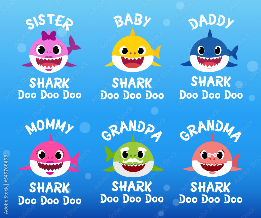 Set of Baby Shark Birthday Illustrations. happy child party in ocean style.  Cartoon sharks characters. Stock Vector