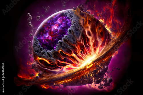 planet in fire, exploding planet in space, fictional planet exploding, purple red planet explosion, digital, illustration