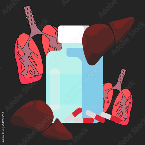 icon jars with pills on the background of human organs