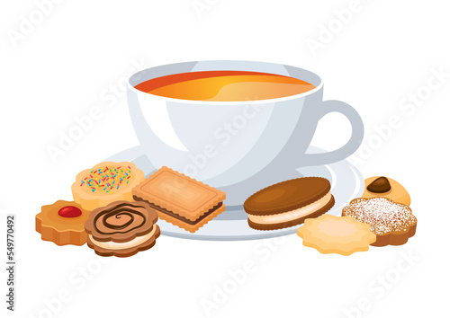 Cup of tea and biscuits still life icon vector. Delicious tea cakes vector isolated on a white background. Different types of biscuits drawing. Shortbread cookie icon vector