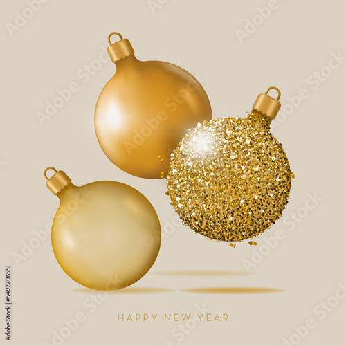 Golden Decorative Glass Balls, Happy New Year. Vector illustration in a realistic 3D style