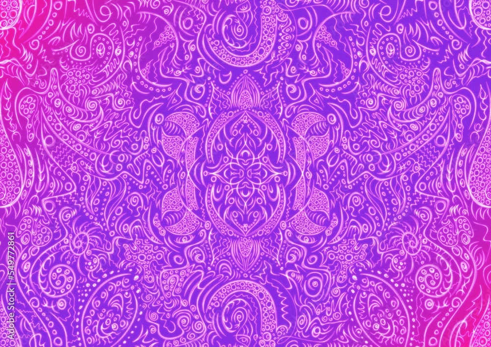 Hand-drawn abstract seamless ornament. Neon gradient (plastic pink to proton purple) background and glowing pattern on it. Cloth texture. Digital artwork, A4. (pattern: p01a)
