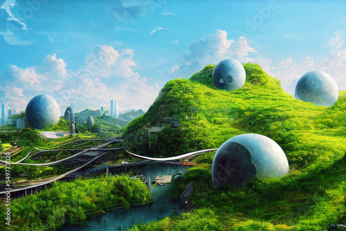 utopian landscape with a city in the distance