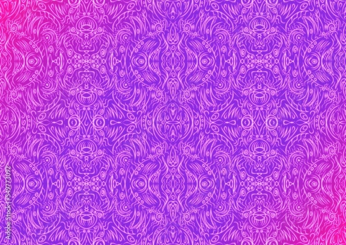 Hand-drawn abstract seamless ornament. Neon gradient (plastic pink to proton purple) background and glowing pattern on it. Cloth texture. Digital artwork, A4. (pattern: p03b)