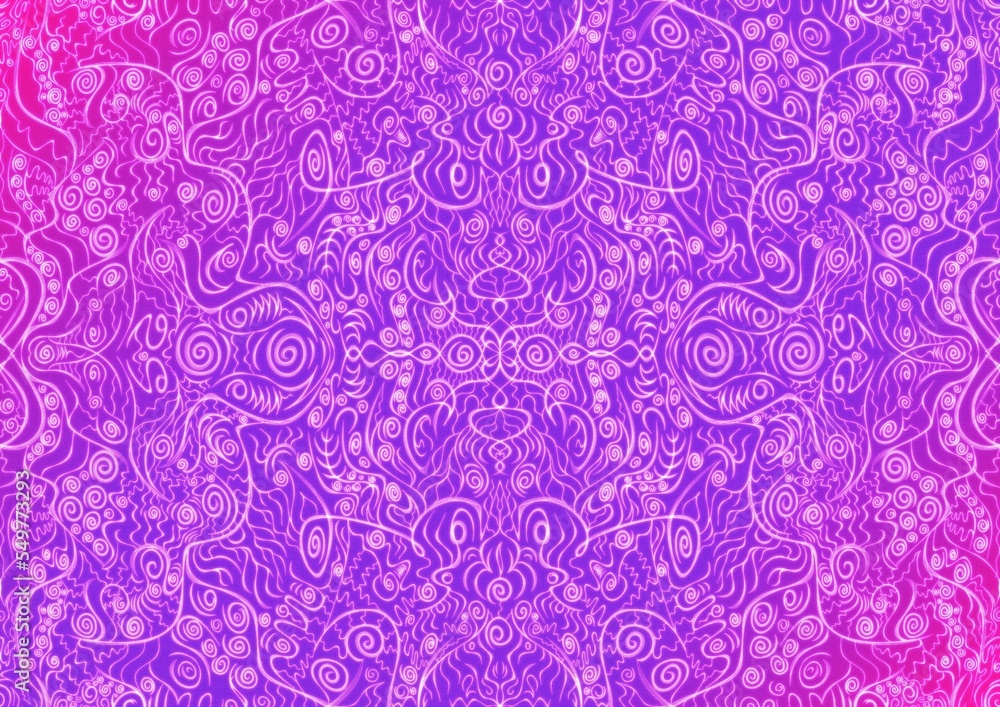 Hand-drawn abstract seamless ornament. Neon gradient (plastic pink to proton purple) background and glowing pattern on it. Cloth texture. Digital artwork, A4. (pattern: p06a)