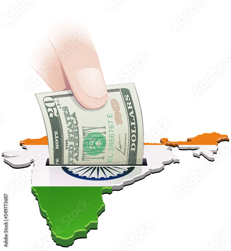 3D map of India in the colors of the Indian flag on which a hand places a banknote of 20 dollars in a slot (cut out)