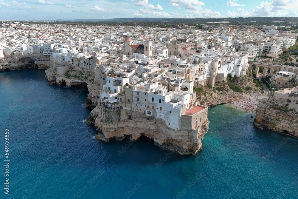 An aerial view of Polignano , Italy
