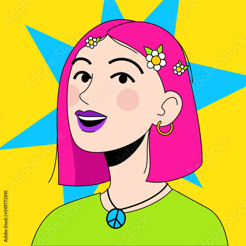 Hippie girl with pink hair and daisies NFT concept. Vector illustration