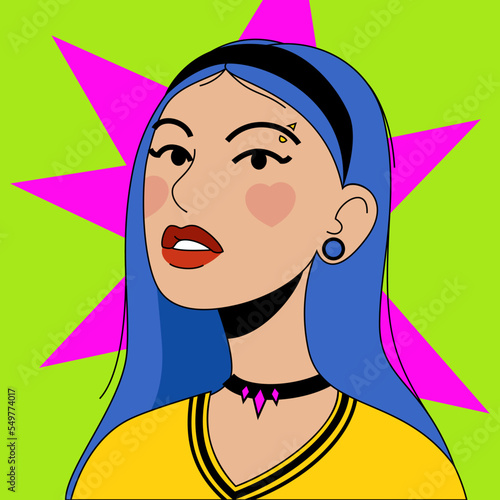 Punk girl with piercings and a choker on her neck NFT concept. Vector illustration