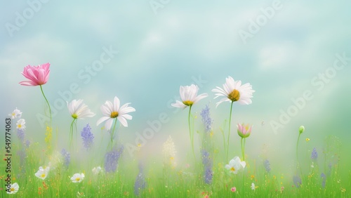 Fotografia spring landscape panorama with flowering flowers on meadow, blue sky and butterflies