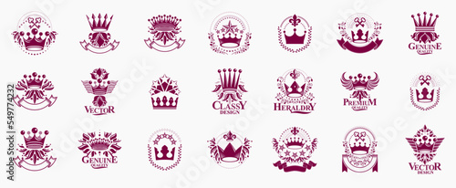 Classic style crowns emblems big set, ancient heraldic symbols awards and labels collection, classical heraldry design elements, family or business emblems with coronets.