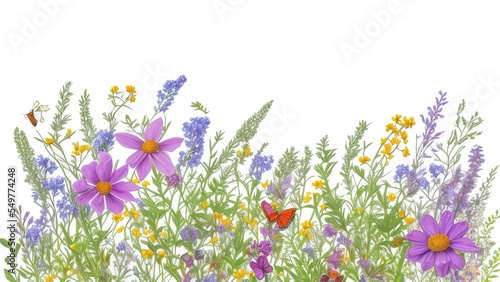 Seamless border of wildflowers and herbs, A picturesque colorful artistic image with a soft focus.