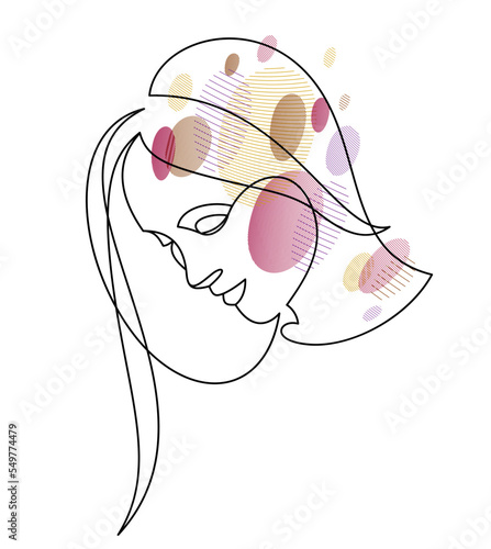 Beautiful face of attractive woman vector linear drawing, sensitive emotional line art adult girl portrait, feminine abstract face line art.