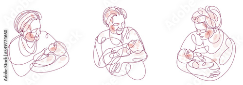 Grandmother and baby child grandson or granddaughter vector linear illustration isolated  grandma holding baby showing love and care.
