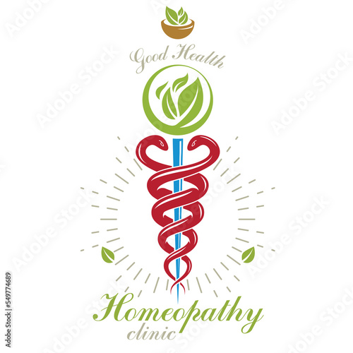 Pharmacy Caduceus icon, vector medical logo for use in holistic medicine, rehabilitation or pharmacology. Homeopathy creative symbol composed with mortar and pestle.