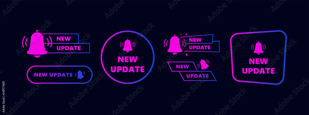 New update vector gradient label with bell. Vector element for web banners. New update vector gradient label with bell. Vector element for web banners.