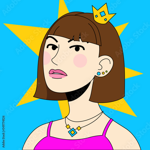 Princess with a golden crown NFT concept. Girl with brown hair. Vector illustration