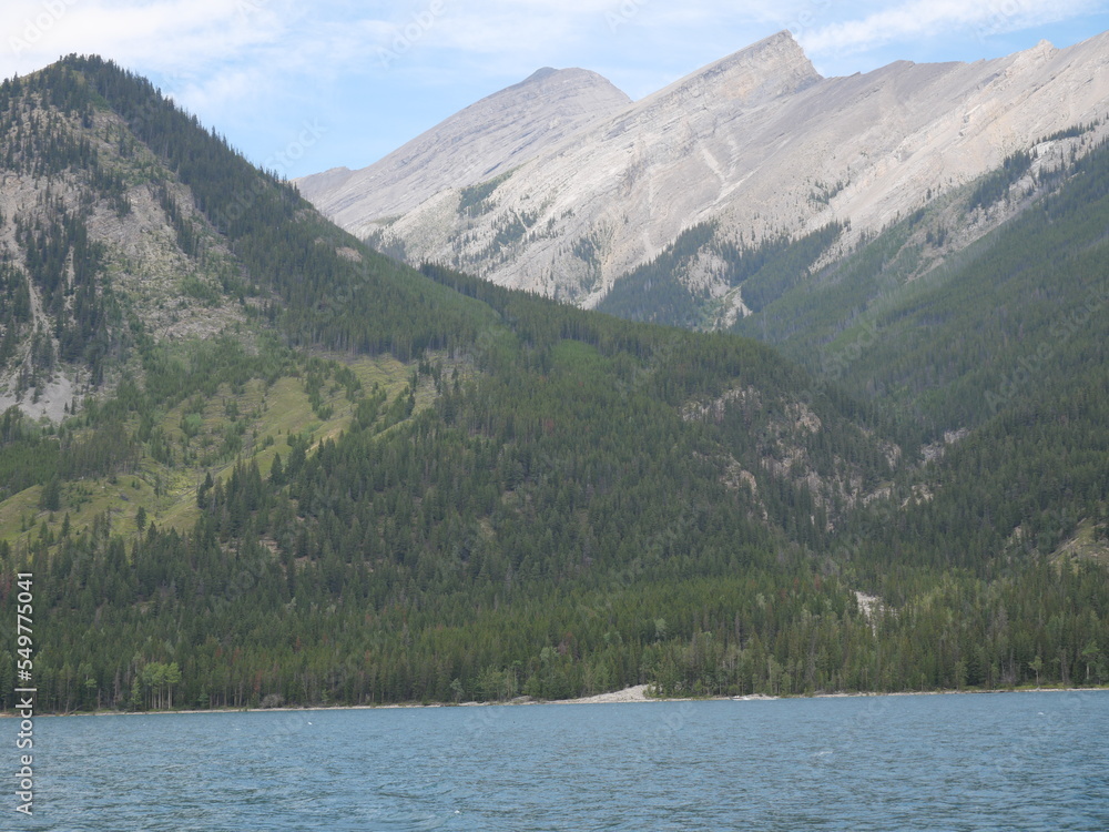 Landscape in mountains view at cruise boat  at Lake Minnewanka 