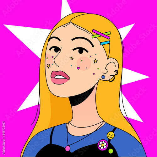Hipster girl with piercings and colored makeup NFT concept. Vector illustration
