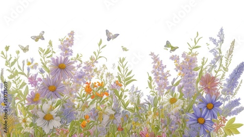 Beautiful wild flowers and butterfly  outdoors  A picturesque colorful artistic image with a soft focus.
