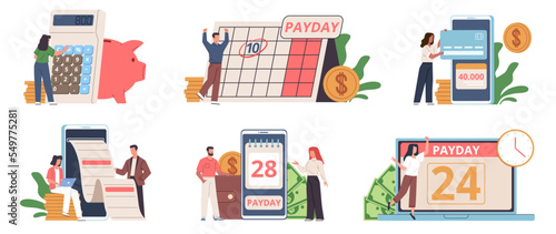Payday people. Paycheck happy day, employees rejoice, calendar date, loans repayment and debts, investment income, tax and credit payment, flat tiny characters, nowaday vector financial set photo