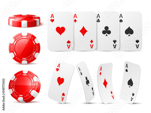 Realistic casino chips and aces. Red game tokens and playing cards, different suits, various viewing angle, poker gambling, aces hearts and spades, clubs and diamonds, utter vector set