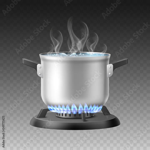 Realistic cooking boiling water. Heated steel pot on gas burner, isolated on transparent background 3d silver cookware with bubbling, hot temperature liquid smoke rising utter vector concept