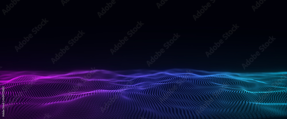 Futuristic technology wave. Digital cyberspace. Abstract wave with moving particles on background. Big data analytics. 3d rendering. - obrazy, fototapety, plakaty 