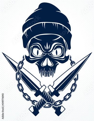 Anarchy and Chaos aggressive emblem or logo with wicked skull, vector vintage scull tattoo, rebel gangster criminal and revolutionary.