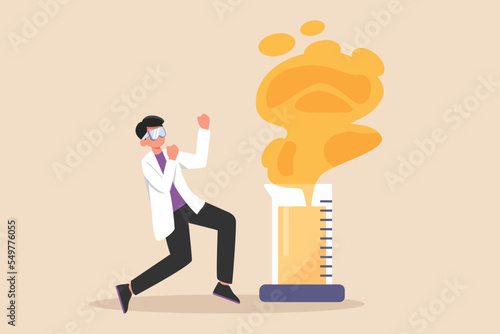 Happy male Chemist in Safety Glasses because chemical explosive in Mixes Liquids in a Beakers. Concept of scientist activity in laboratory. Flat vector illustrations isolated on white background.